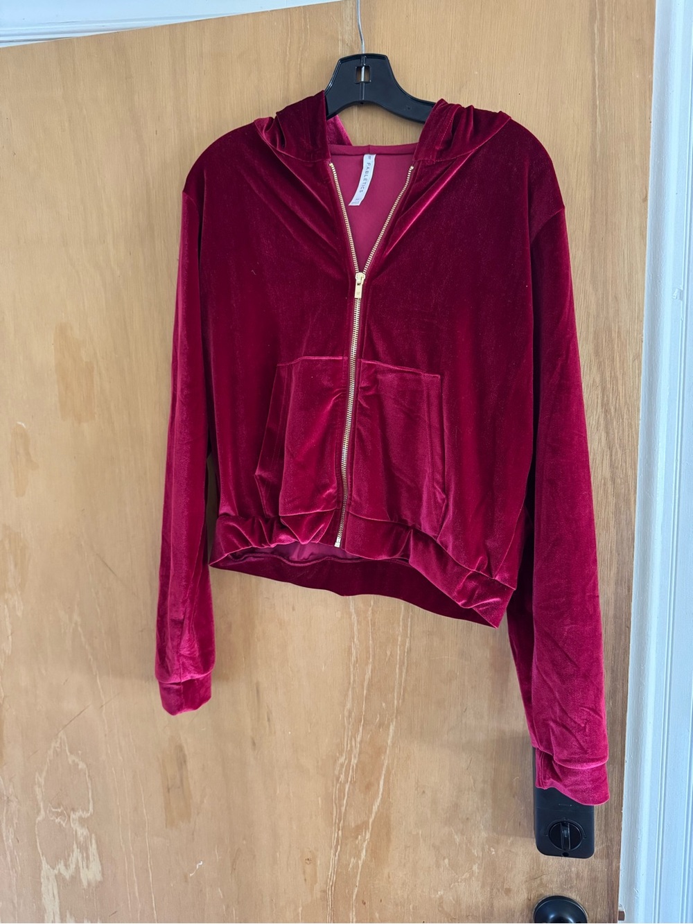 Fabletics size Medium Burgundy Velvet Zip Hoodie with Gold Zipper